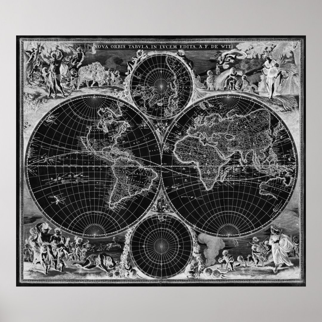 Black and White World Map (1670) Inverse Poster | Zazzle