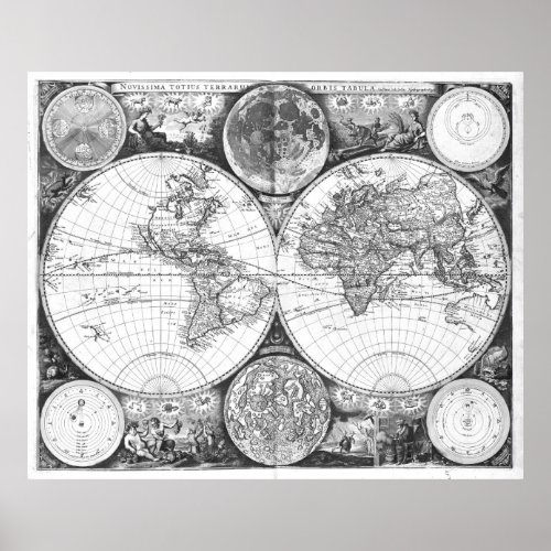 Black and White World Map 1672 Poster