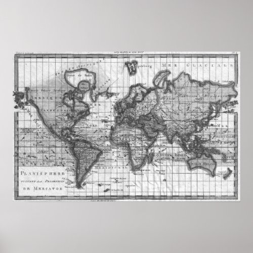 Black and White World Map 1780 Poster
