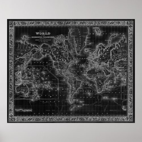 Black and White World Map 1864 Inverse Poster