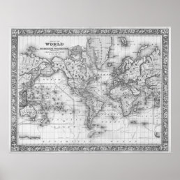 Black and White World Map (1864) Poster