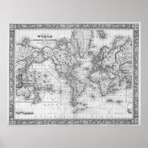 Black and White World Map 1864 Poster