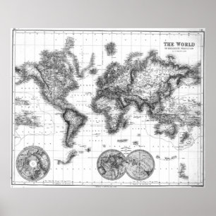 Black and White World Map (1872) Poster