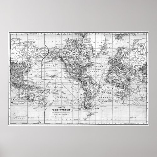 Black and White World Map 1901 Poster