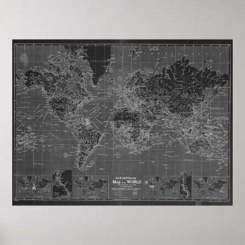 Black and White World Map 1918 Inverse Poster