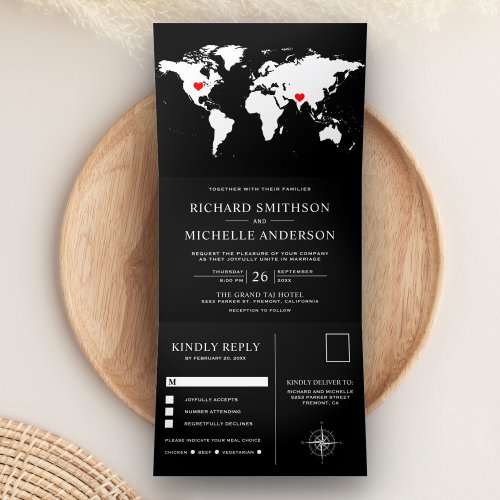 Black and White World Map All in One Wedding Tri_Fold Invitation