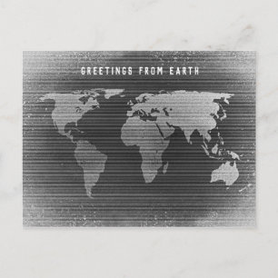 Black and white world map, greetings from earth postcard