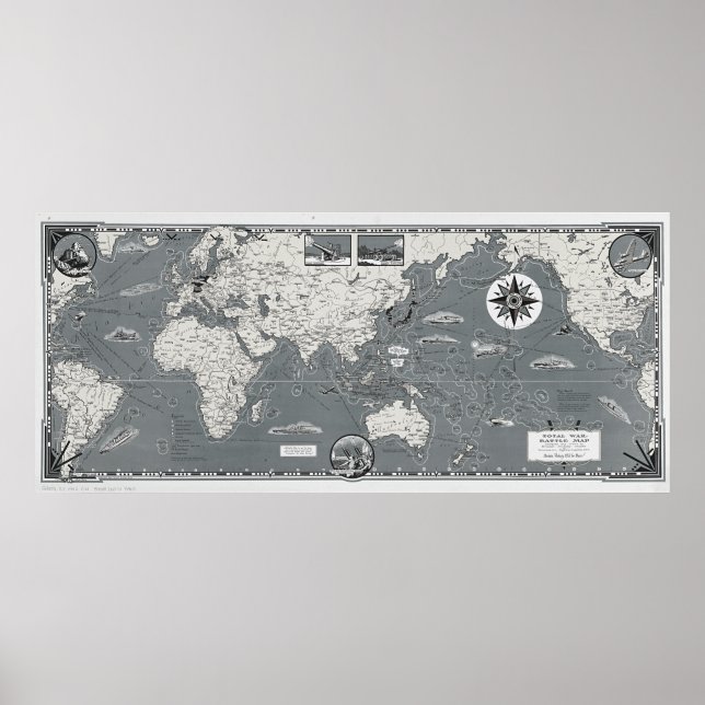 Black And White World Map Total War Battle Map Poster (Front)