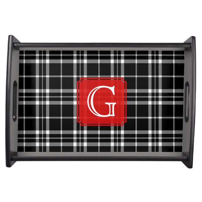Black and White Woven Plaid Monogram Serving Tray (Front)