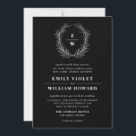 Black and White Wreath Monogram Wedding Invitation<br><div class="desc">A hand drawn wreath of leafy branches frames the couple's two-letter monogram while elegant type allows for maximum flexibility between formal or casual wording all while forever classic,  black and white always feels sophisticated and timeless.</div>