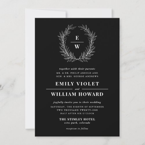 Black and White Wreath Monogram Wedding Invitation