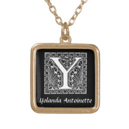 Black and White Y Monogram Initial Personalized Gold Plated Necklace