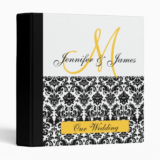 Black and White Yellow Damask Wedding Planner Binder (Front/Spine)