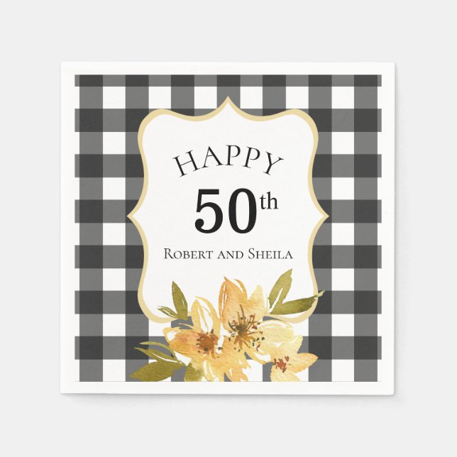 Black and White Yellow Floral 50th Anniversary Napkins (Front)