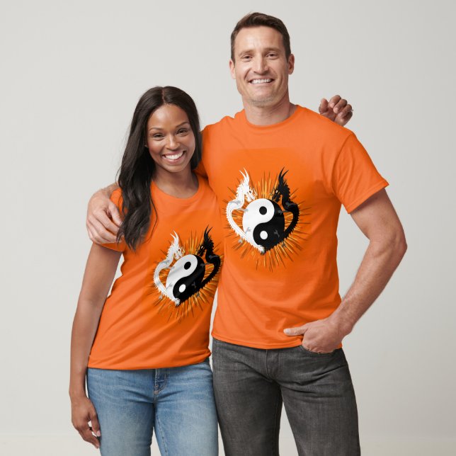 Black and White Yin Yang Dragons - Orange T-Shirt (Unisex)
