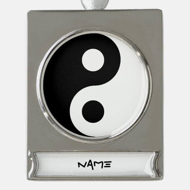 Black and White Yin Yang Silver Plated Banner Ornament (Front)