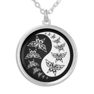 Black And White Yin Yang Tao Butterflies Silver Plated Necklace