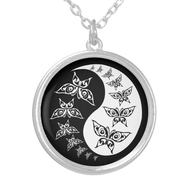 Black And White Yin Yang Tao Butterflies Silver Plated Necklace (Front)
