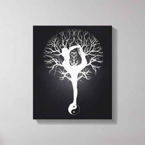 Black and white yoga tree with woman and yin yang canvas print