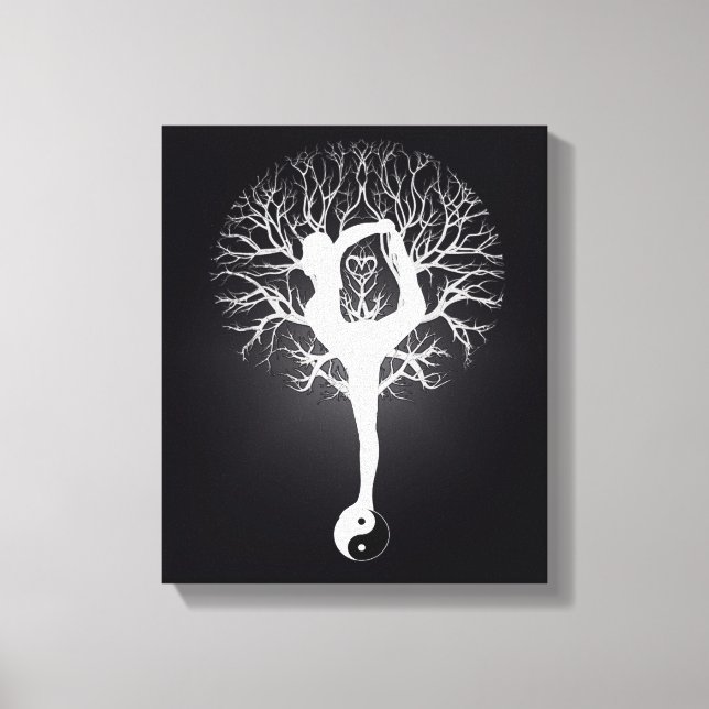 Black and white yoga tree with woman and yin yang. canvas print (Front)