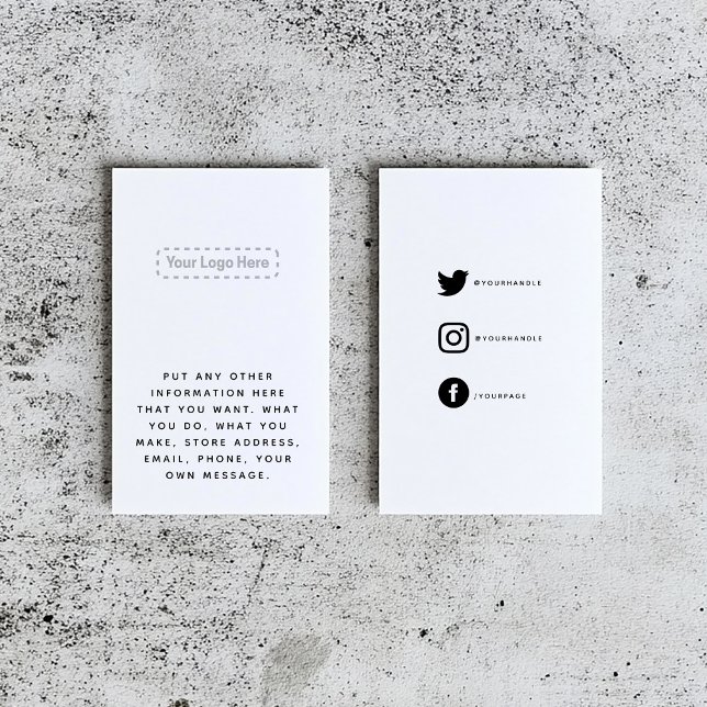 Black and white your logo social links enclosure card (Simple white insert card with space for your logo and message and social media details)