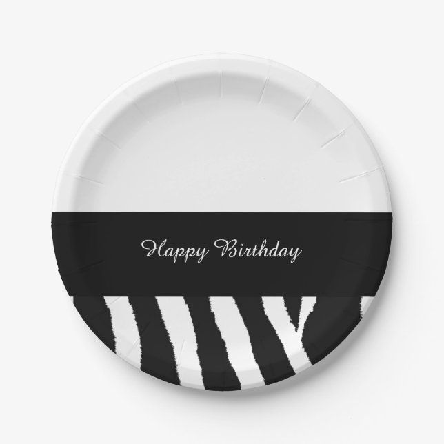 Black and White Zebra Birthday Stripe Paper Plates (Front)