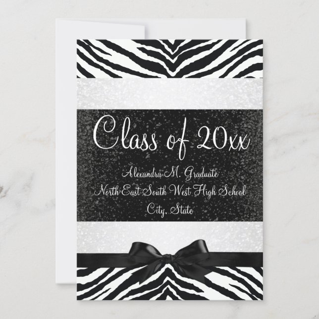 Black and White Zebra Bow Graduation Invite (Front)
