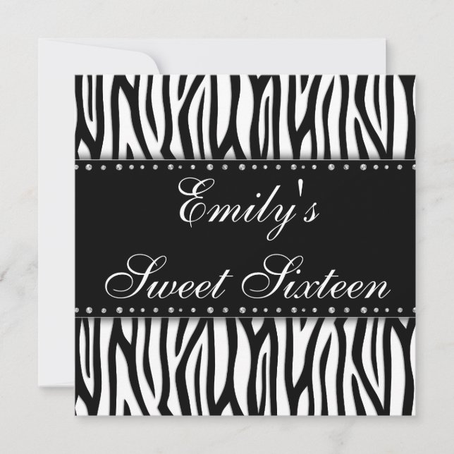 Black and White Zebra Diamonds Sweet 16 Birthday Invitation (Front)