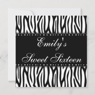 Black and White Zebra Diamonds Sweet 16 Birthday Invitation