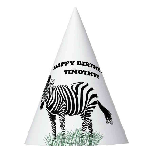 Black and White Zebra in the Grass Party Hat (Front)