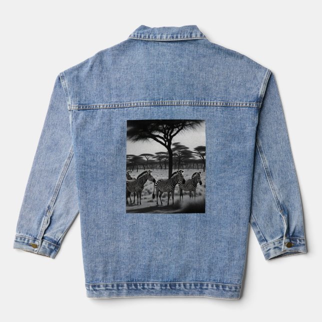 Black And White Zebra Oil Paint, Denim Jacket (Back)