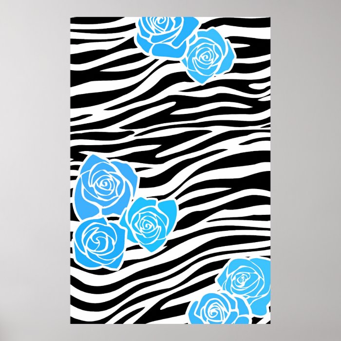 Black and white Zebra pattern + blue roses Print