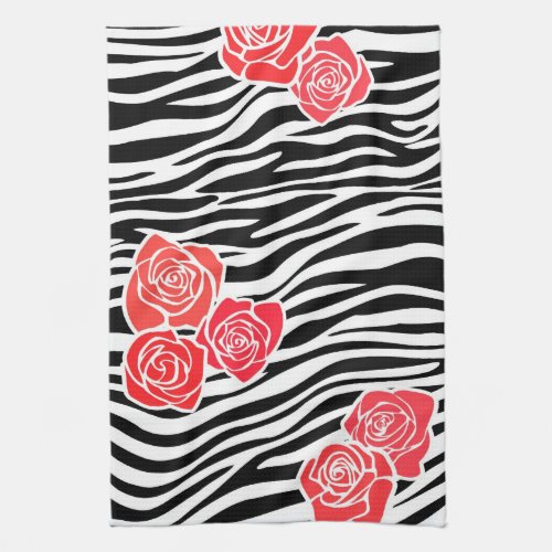 Black and white Zebra pattern  red roses Kitchen Towel