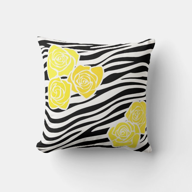 Black and white Zebra pattern + yellow roses Throw Pillow (Front)