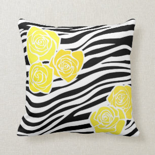 Black and white Zebra pattern + yellow roses Throw Pillow