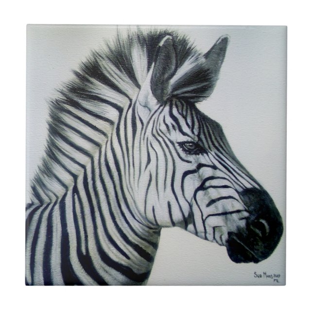 Black and White Zebra Portrait Ceramic Tile (Front)