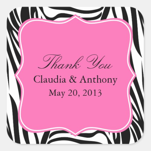 Black and White Zebra Print and Hot Pink Thank You Square Sticker