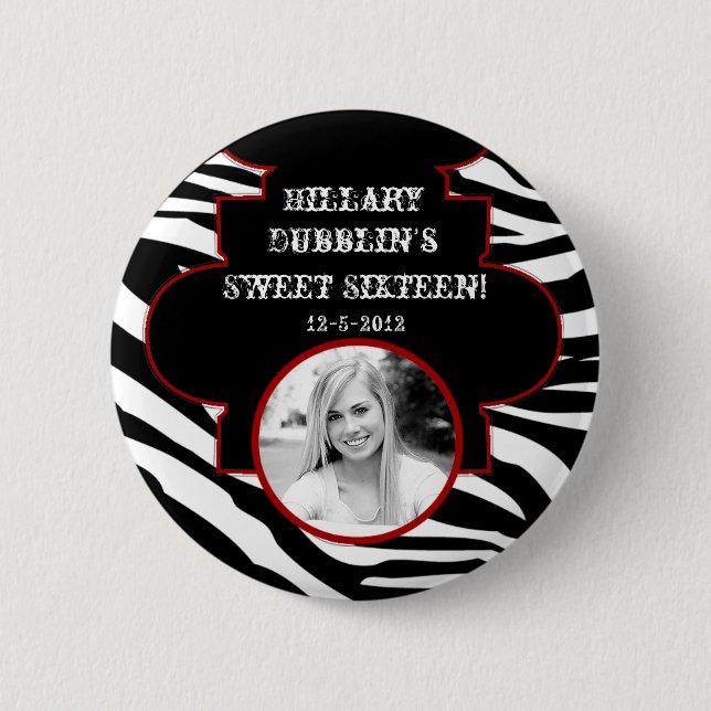 Black and White Zebra Print Animal Photo Button (Front)