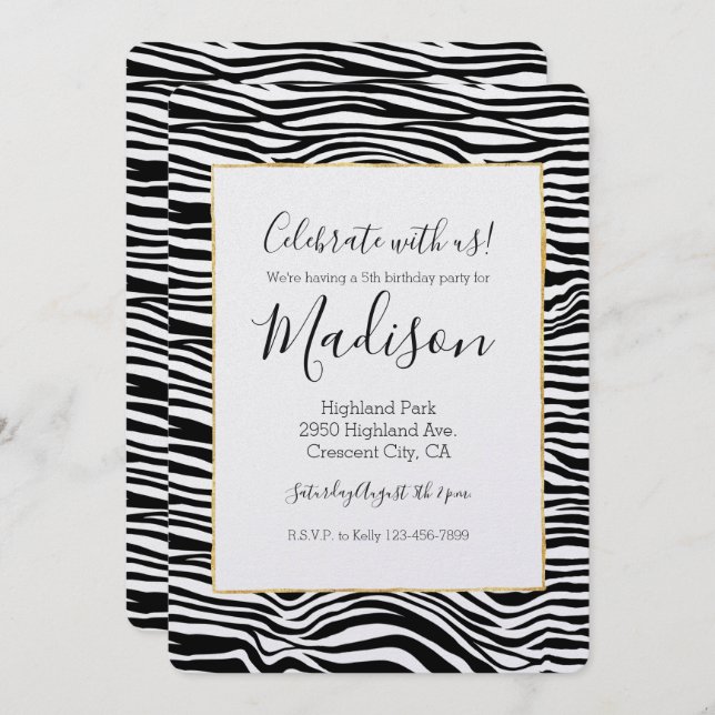 Black and White Zebra Print Birthday Invitation (Front/Back)