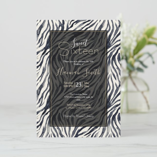 Black and White Zebra Print Pattern Sweet Sixteen  Invitation (Standing Front)