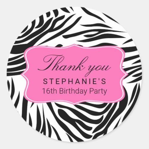Black and White Zebra Print with Hot Pink Birthday Classic Round Sticker