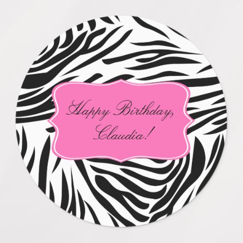 Black and White Zebra Print with Hot Pink Birthday Labels