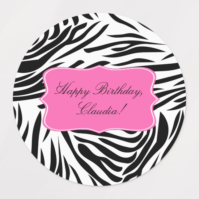 Black and White Zebra Print with Hot Pink Birthday Labels (Design 1)