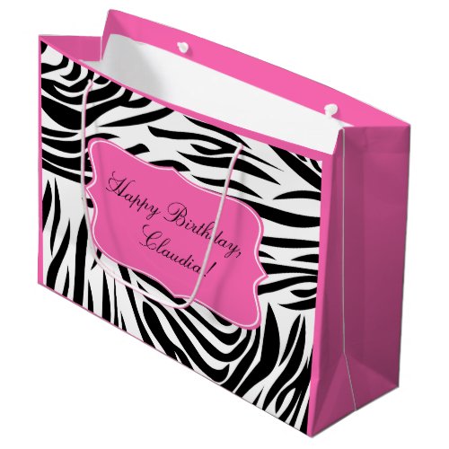 Black and White Zebra Print with Hot Pink Birthday Large Gift Bag