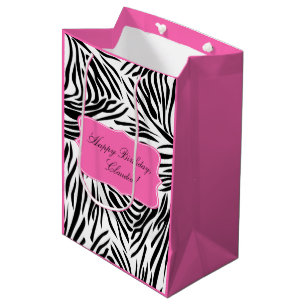 Black and White Zebra Print with Hot Pink Birthday Medium Gift Bag