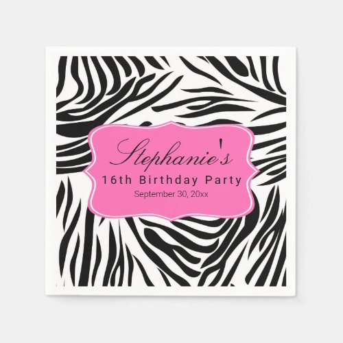 Black and White Zebra Print with Hot Pink Birthday Napkins