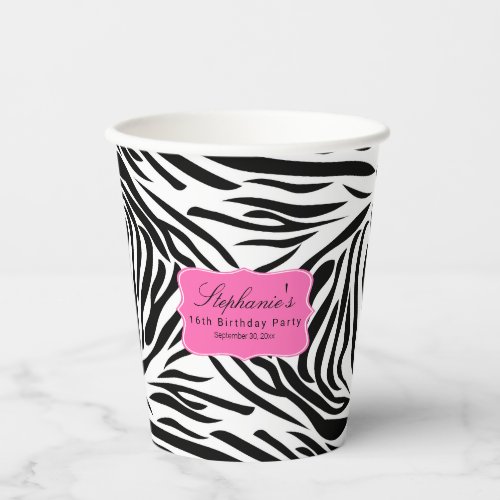 Black and White Zebra Print with Hot Pink Birthday Paper Cups