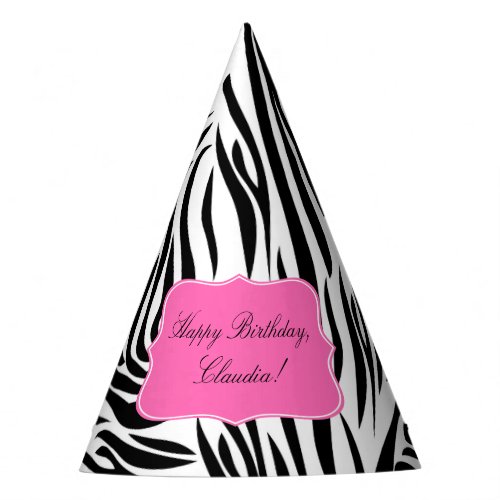 Black and White Zebra Print with Hot Pink Birthday Party Hat