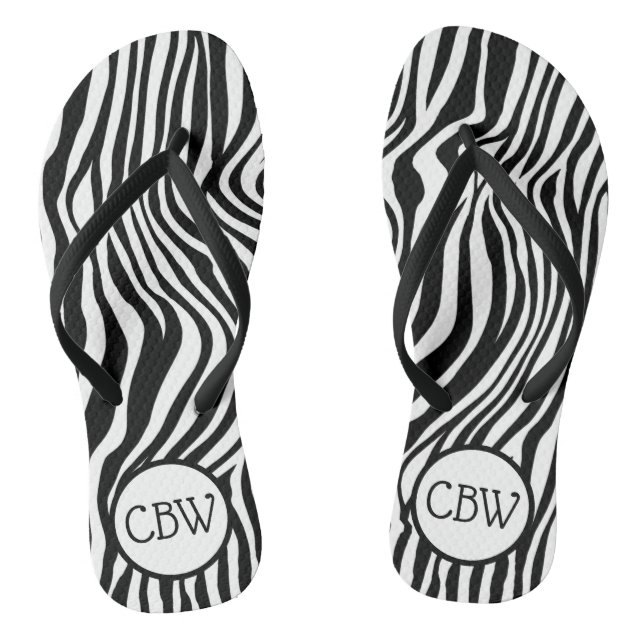 Black and White Zebra Stripe Animal Print Monogram Flip Flops (Footbed)