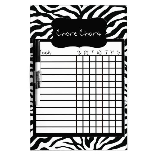 Black and White Zebra Stripe Chore Chart Dry Erase Board